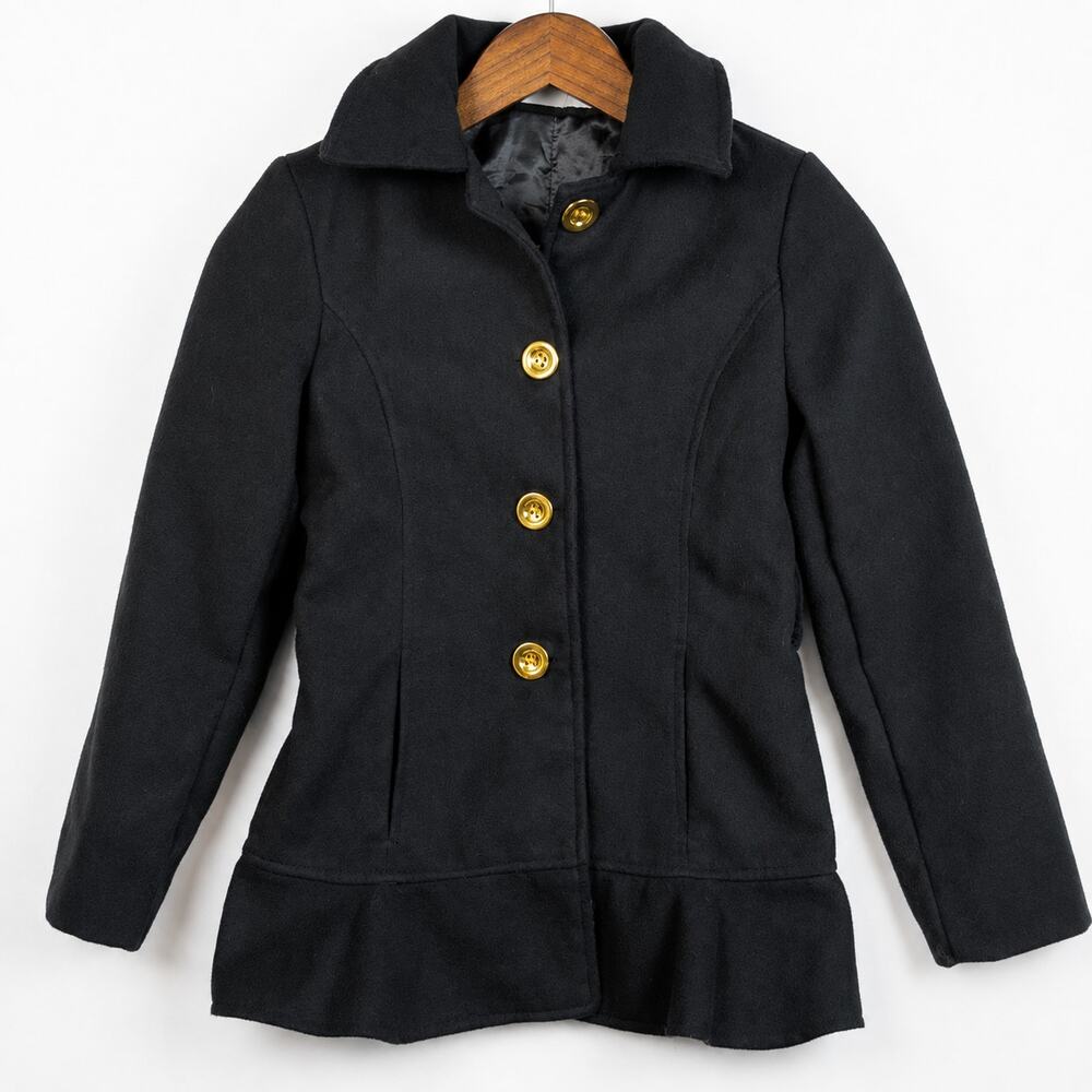 Canyon River Blues Girls M 10/12 Black Peplum Peacoat Gold Buttons -Missing Belt